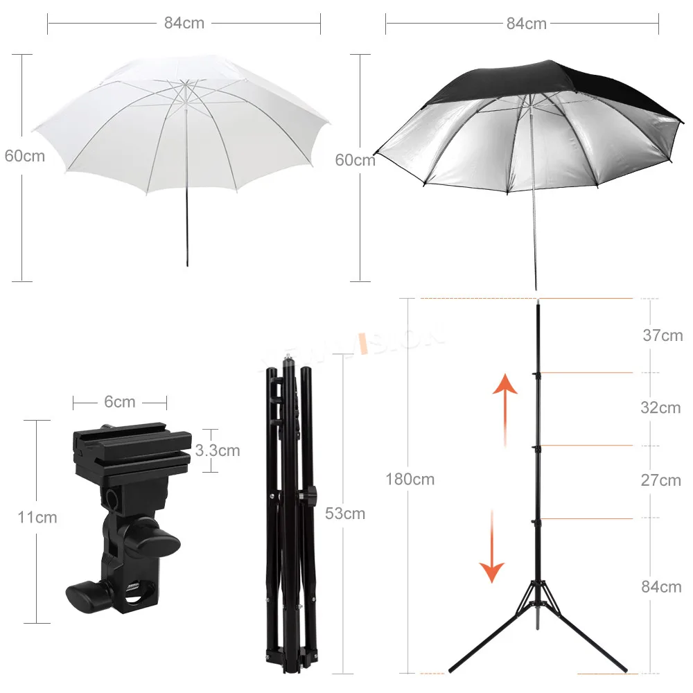 4 Section 180cm Folding Light Stand + 33" Soft light & Reflective Umbrella + Hot Shoe Adapter + Carrying Bag