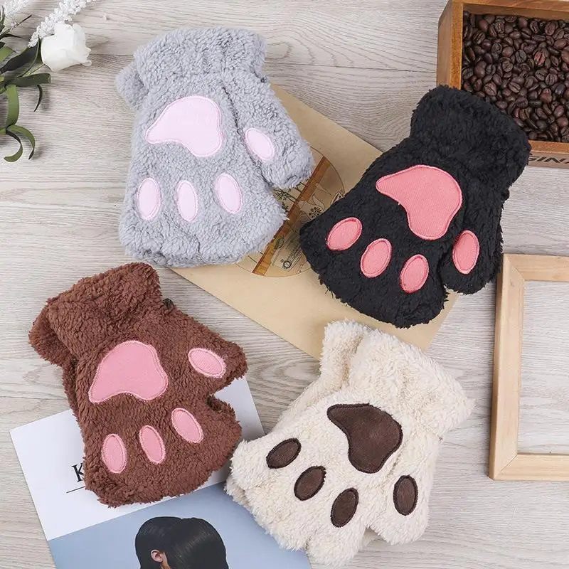 Cat\'s Paw Gloves Ladies Winter Korean Cute Girls Fingerless Thick Warm Bear\'s Paw Plush Half-Finger Fashion Gloves