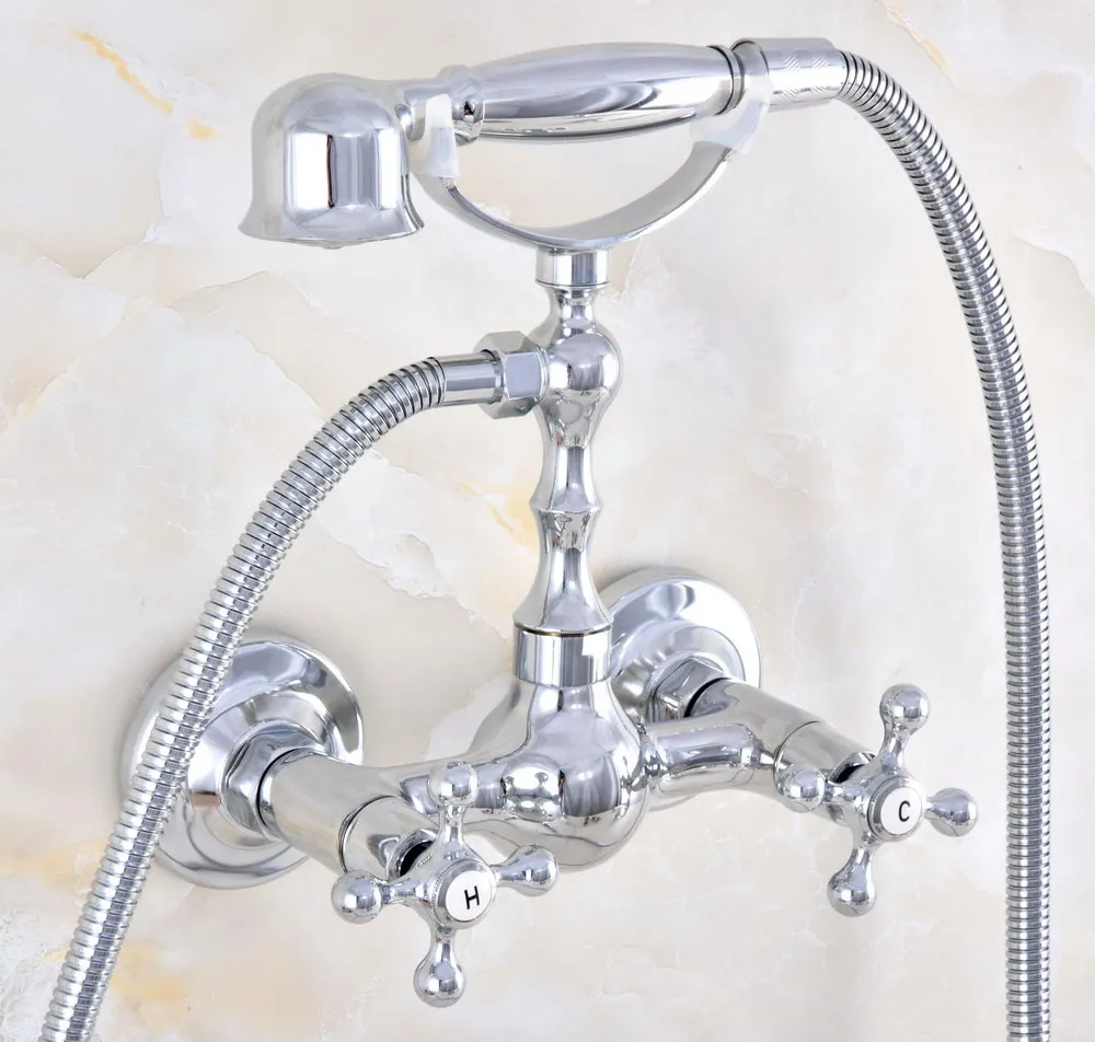 

Polished Chrome Brass Double Handle/Hole Wall Mounted Bathtub Faucet with Handheld Shower Set +1.5M Hose Mixer Tap 2tf826