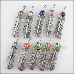 10Pcs Tibetan Silver Tone Retro Leaf Feather Mixed Colored Acrylic Charms Pendants 12x48.5mm