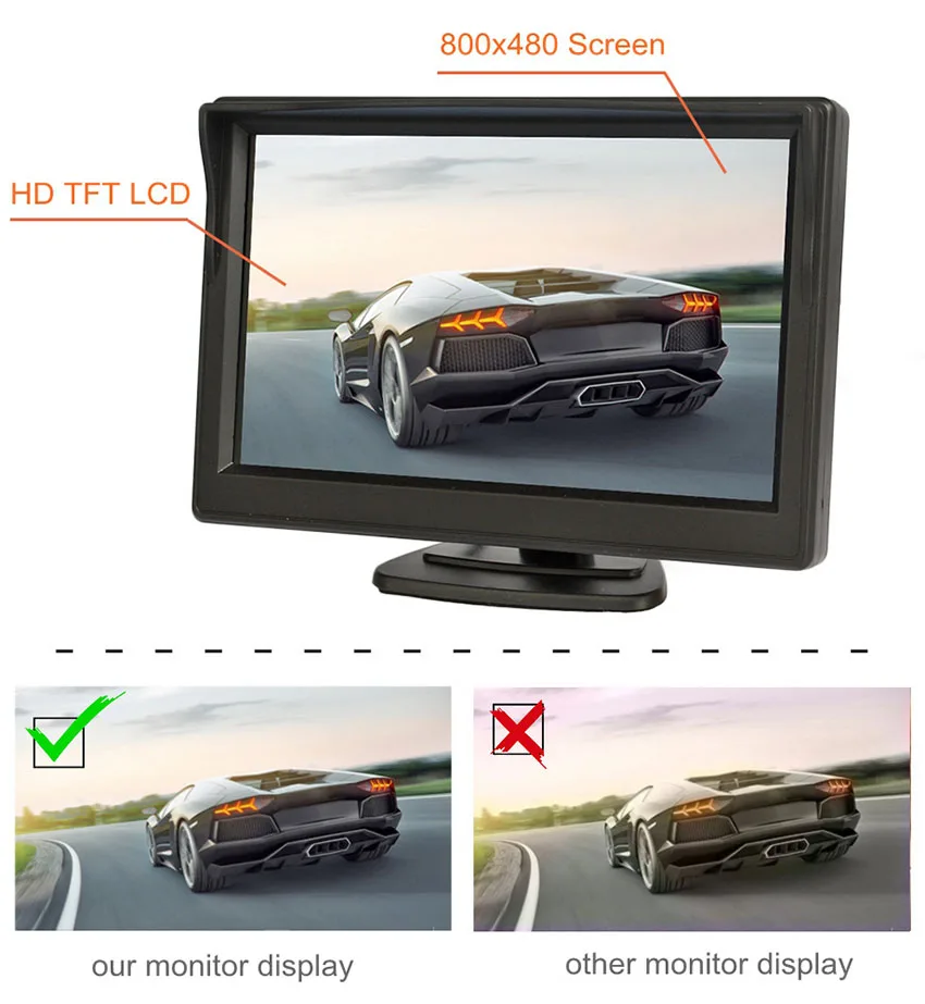 DIYKIT-Monitor de coche con pantalla LCD TFT de 5 pulgadas, vídeo impermeable, Sensor de Radar de estacionamiento, cámara de visión trasera de coche