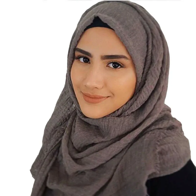 Hijab islámico para mujer, chal arrugado de algodón y lino, envoltura diaria Simple, pañuelo musulmán liso, 70x175CM