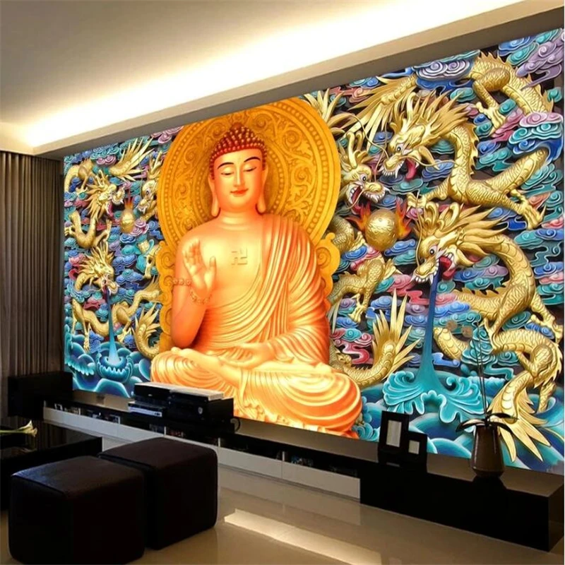 

wellyu Customized large murals fashion home decoration golden dragon embossed Buddha mural background wall wallpaper