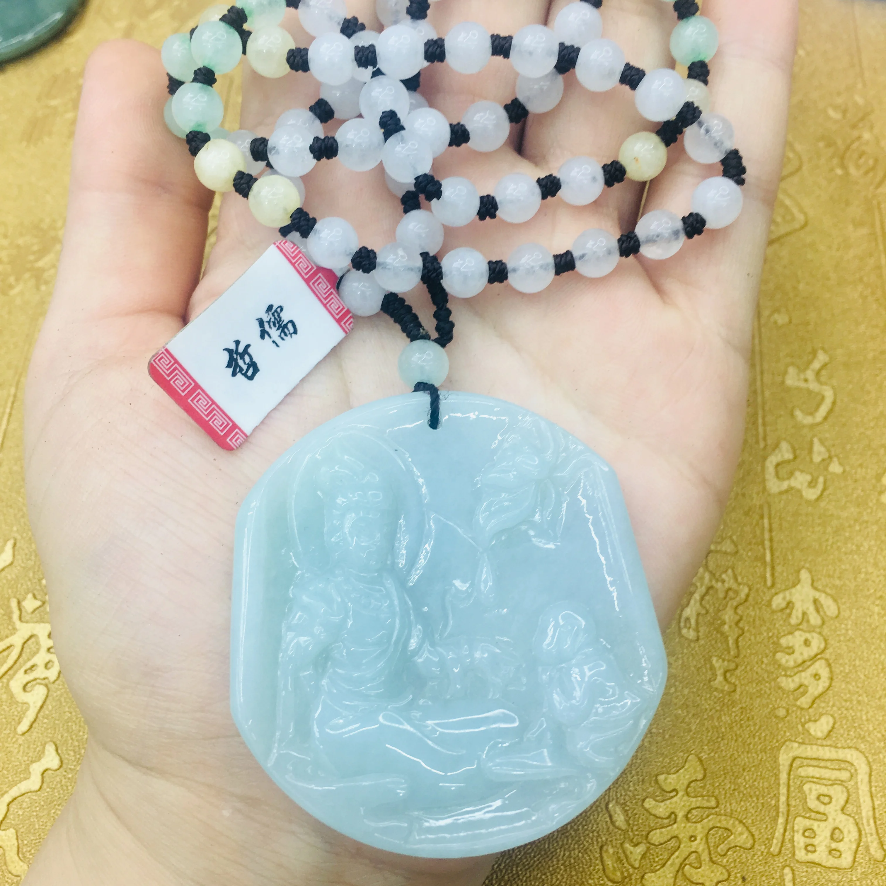 

Natural JADESt Pendant Carved Large Guanyin Pendant with Tri-Color Bead Necklace Elegant Ms. Clavicle Chain