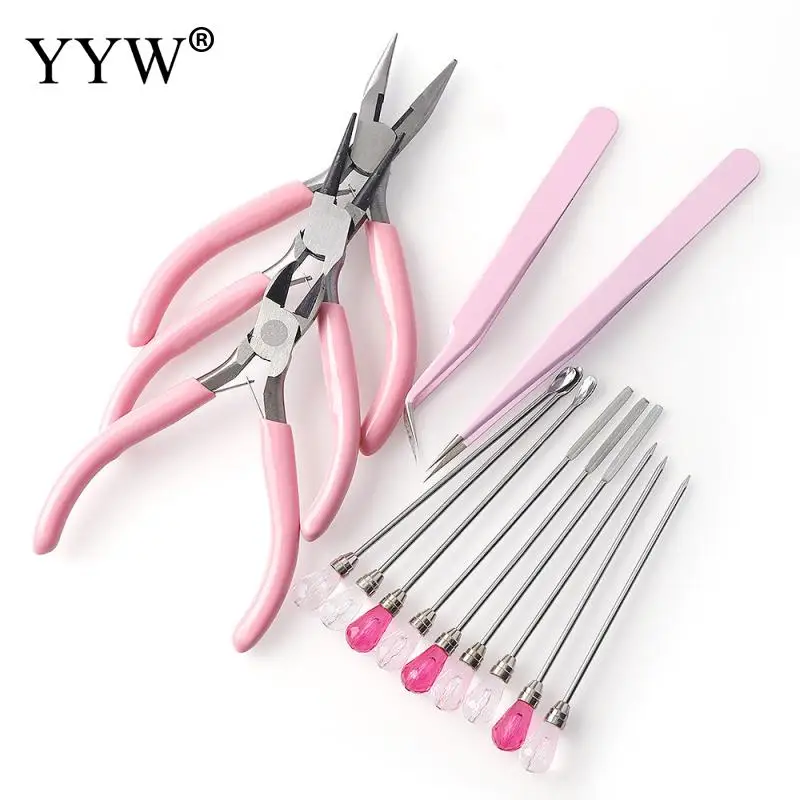 8 Style Pink Color Jewelry Making Tool Sets Kits Round Nose Plier Side Tweezers Mix Needle Spoon Tool Sets Diy Jewelry Making