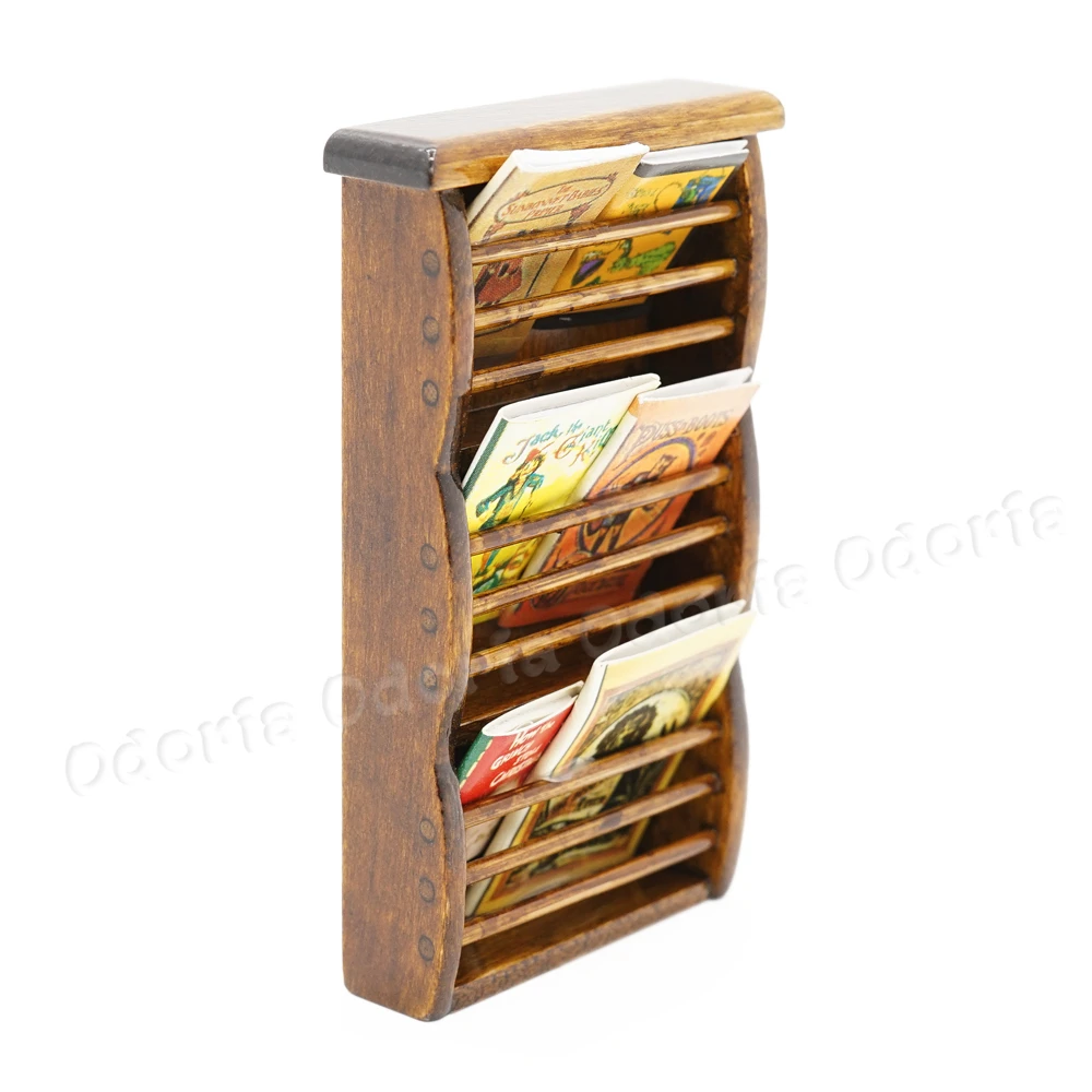 Odoria 1:12 Miniature Wooden Magazine Rack with 6 Magazines Storage Shelf Furniture Dollhouse Accessories Doll House Decoration