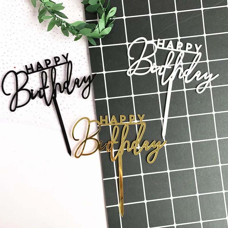Concise White Birthday Cake Topper Golden Acrylic Happy Birthday Cupcake Toppers Family Birthday Party Cake Flag Dessert Decor