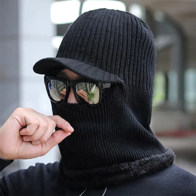 Conjunto de gorro y bufanda con capucha para hombre y mujer, gorro cálido de felpa de punto con visera, bufandas de anillo para adultos, Invierno