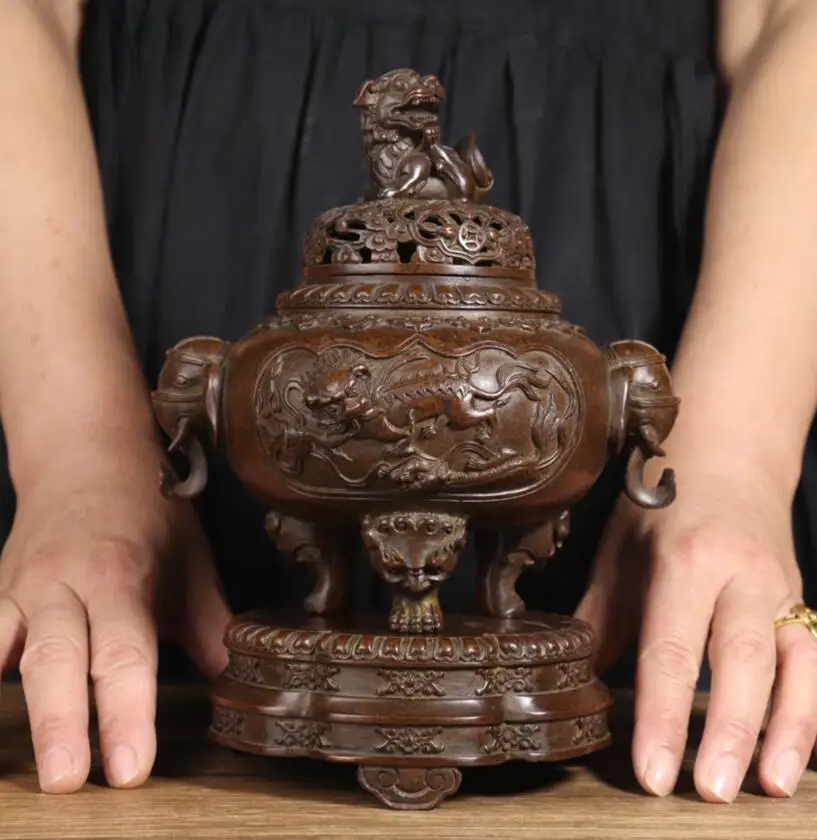 Archaize seiko brass double elephant head kirin Incense burner household decoration crafts statue