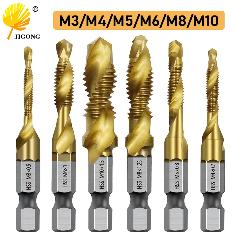 Torneira sextavada banhada a titânio, Bit de rosca, Torneira composta, Ferramentas manuais, HSS, M3, M4, M5, M6, M8, M10, 6pcs