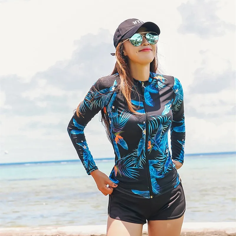 WackDaria Swimsuit Rash Guard Women Long Sleeve Couple Love Set Pant Leaf Color Surfing Suit Tankini Korea Kупальник