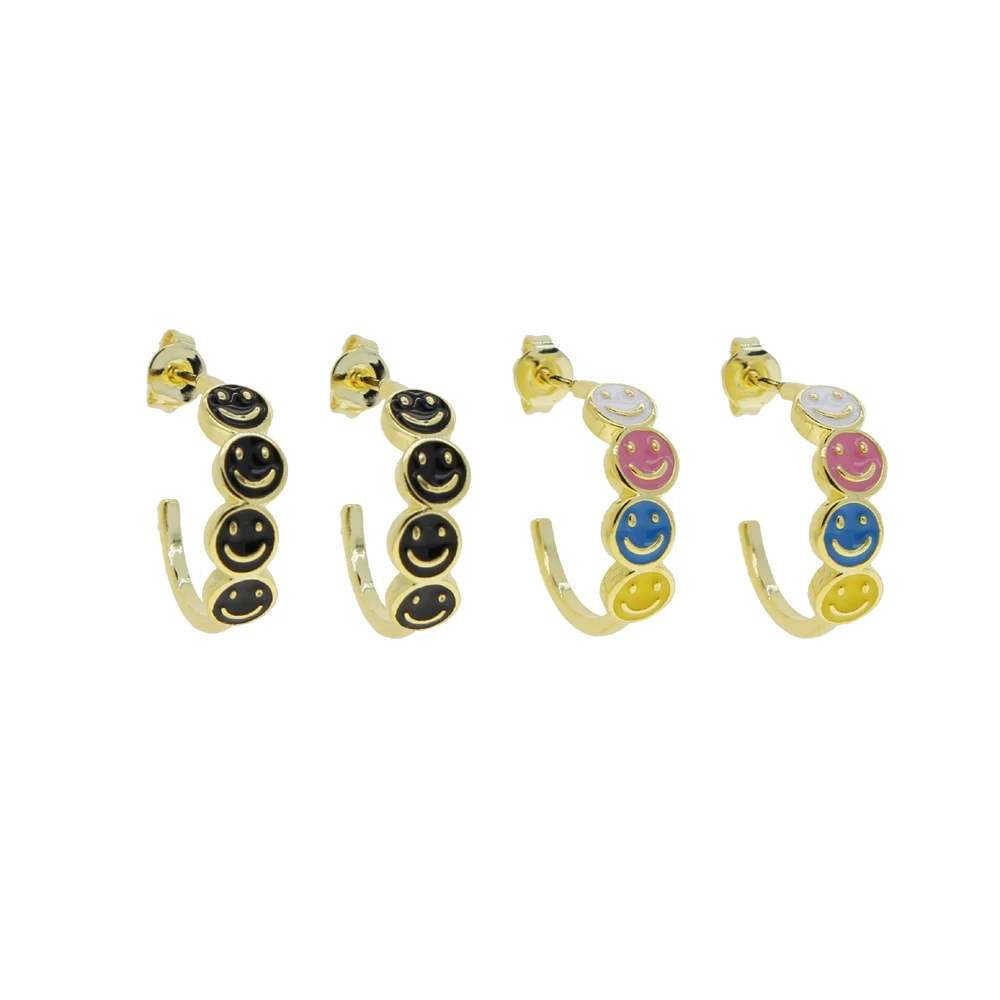 Black Rainbow Colorful Enamel Smile Happy Face Hoop Earring Gold Color Fashion Girl Women Jewelry