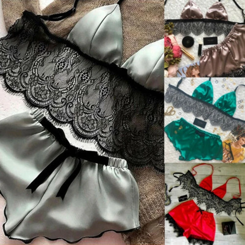 Pajamas Women Sleepwear Sexy Lace Bra Silk Satin Lingerie Crop Tops Bra+Shorts Sets V-Neck Sleeveless Seamless Nightwear 2Pcs