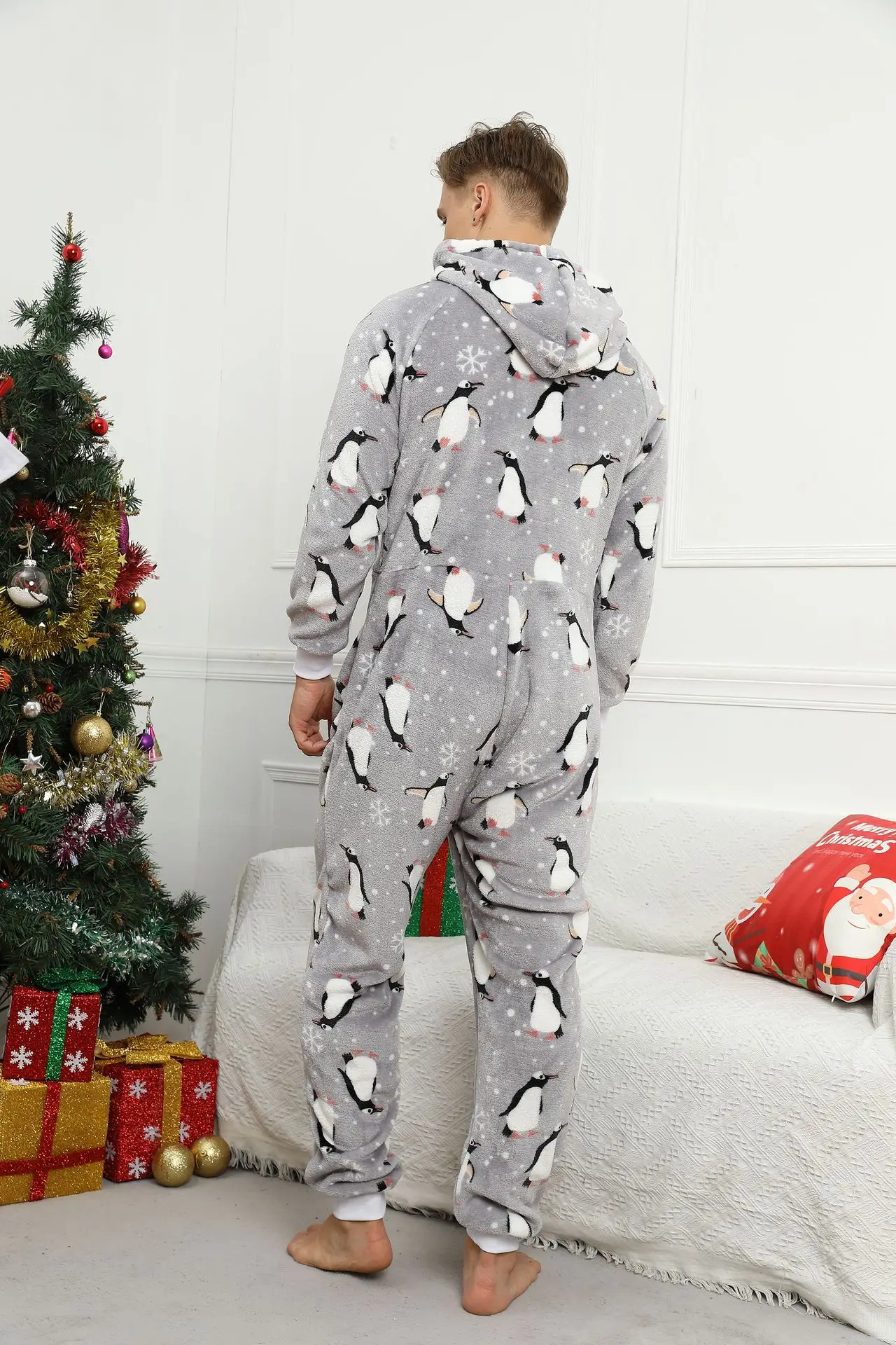 Christmas Long Sleeve Pajamas Men Adults Winter Flannel Jumpsuit Onesie Grey Print Sleepwear Pijama