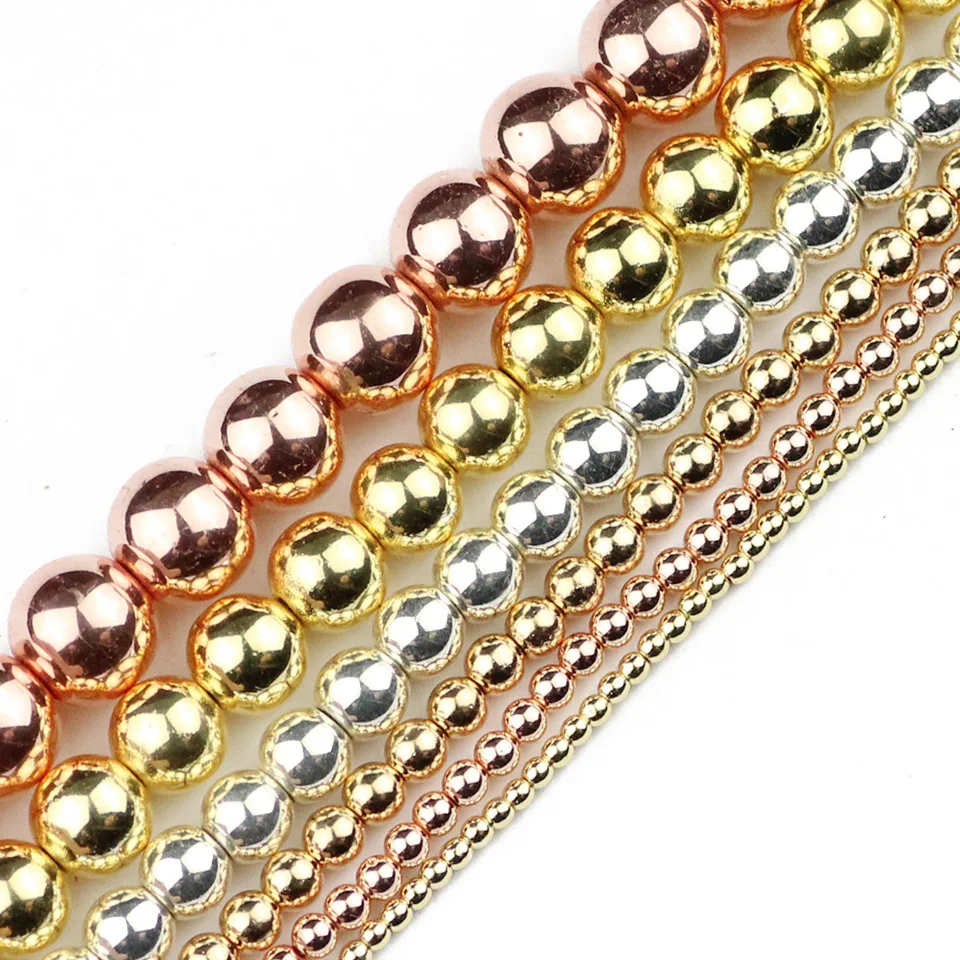 YHBZRET Gold Color Hematite beads Natural Stone Spacer 2/3/4/6/8/10mm Round Loose beads for Jewelry making bracelet&necklace DIY