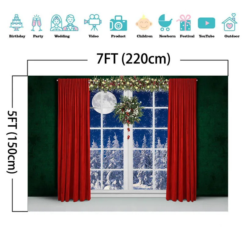 عيد الميلاد ويندوز خلفيات للتصوير الفوتوغرافي الشتاء الثلوج الحمراء الستار ديكور الأخضر الداكن جدار الاطفال الطفل صورة خلفية الصورة استوديو
