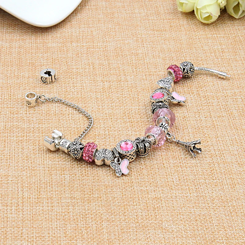 Vintage Paris Eiffel Tower Pendant Bracelet Pink Butterfly DIY Bead Bracelet for Women Girl Jewelry Gift