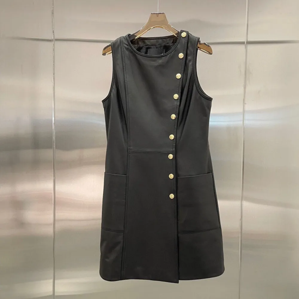 Spring Autumn Women's Designer High Quality Genuine Leather Sleeveless dress C046