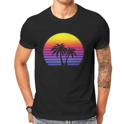 Beach Summer Sea TShirt for Men Synthwave Sun Palm Trees Essential Soft Leisure Tee T Shirt High Quality Trendy Fluffy