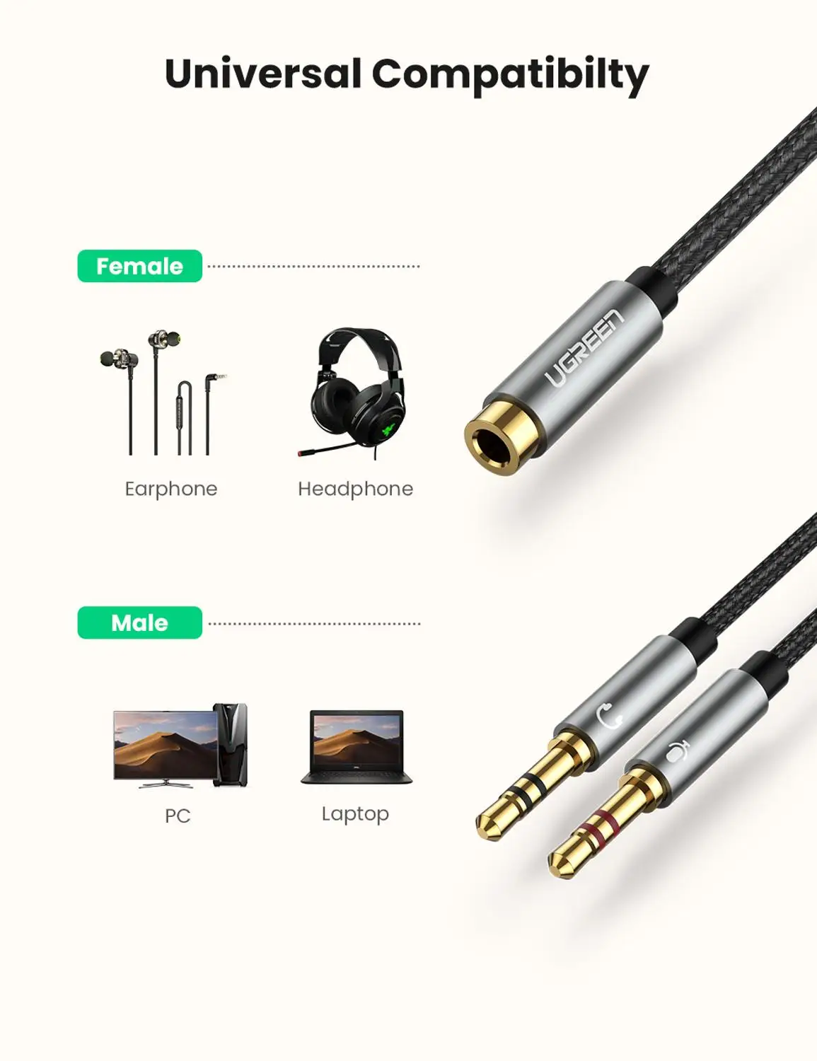 UGREEN Hiệu Headphone Cho Máy Tính 3.5Mm 1 Ra 2 Dual 3.5Mm Mic Âm Thanh AUX Chia Cổng Cáp tai Nghe PC Adapter