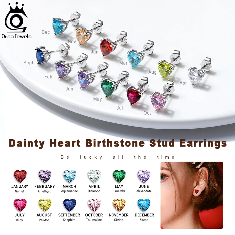 ORSA JEWELS 12 Colors Birthstone Stud Earrings for Women 925 Sterling Silver Earring Prong Setting AAA Cubic Zircon Jewelry SE84