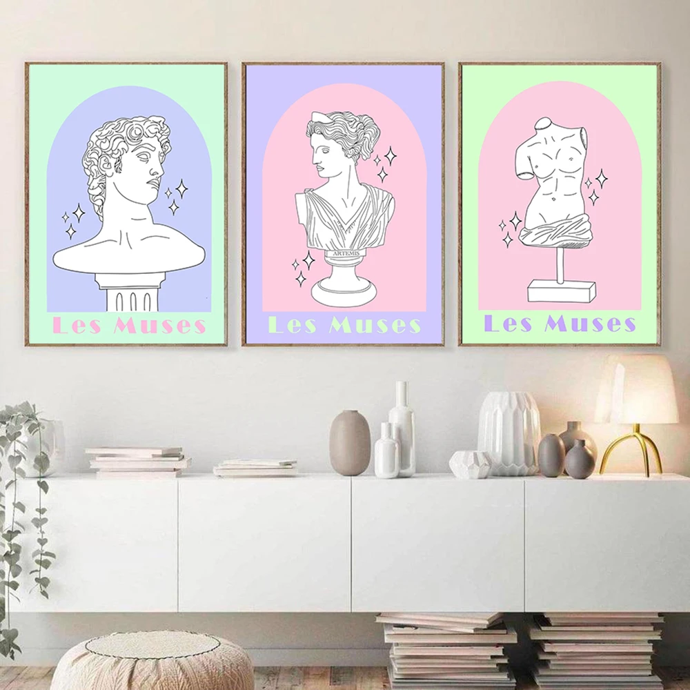 Pink Vintage Abstract Artwork Canvas Painting Les Muses Greek Statue Art Prints Greek Goddess Mid Century Modern Retro Posters