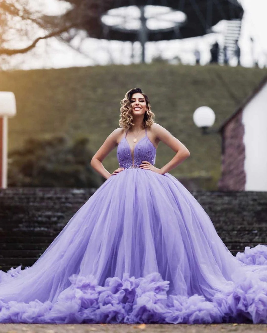 Lavender Purple Ball Gown Evening Dresses With Crystals Extra Puffy Women Luxury Long Prom Gowns Ruffles Beaded Plus Size Photo