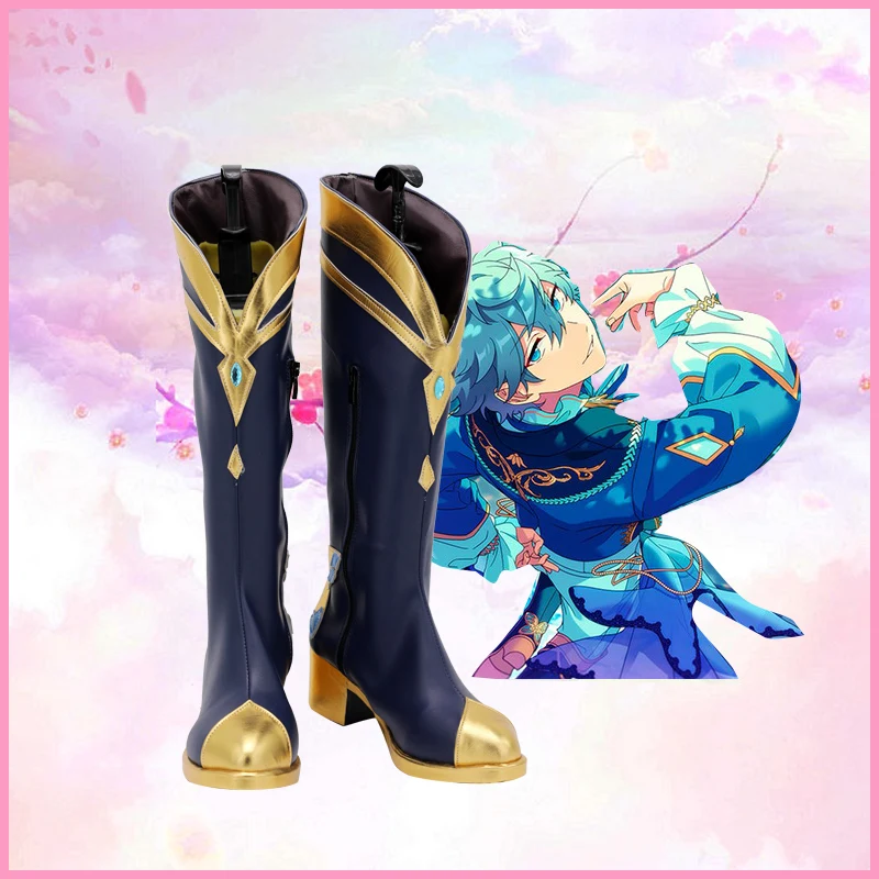 Cosplaylove conjunto estrelasena izumi azul cosplay sapatos botas longas de couro feito sob encomenda