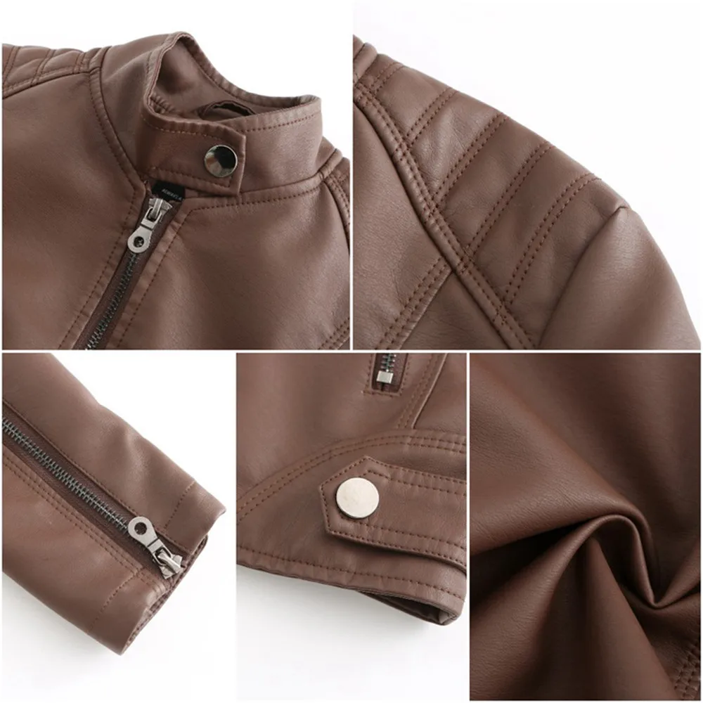 Women Leather Jacket Autumn Thin Ladies Motorcycle Jacket PU Leather Jacket Stand Collar Female Black Faux Leather Outwear
