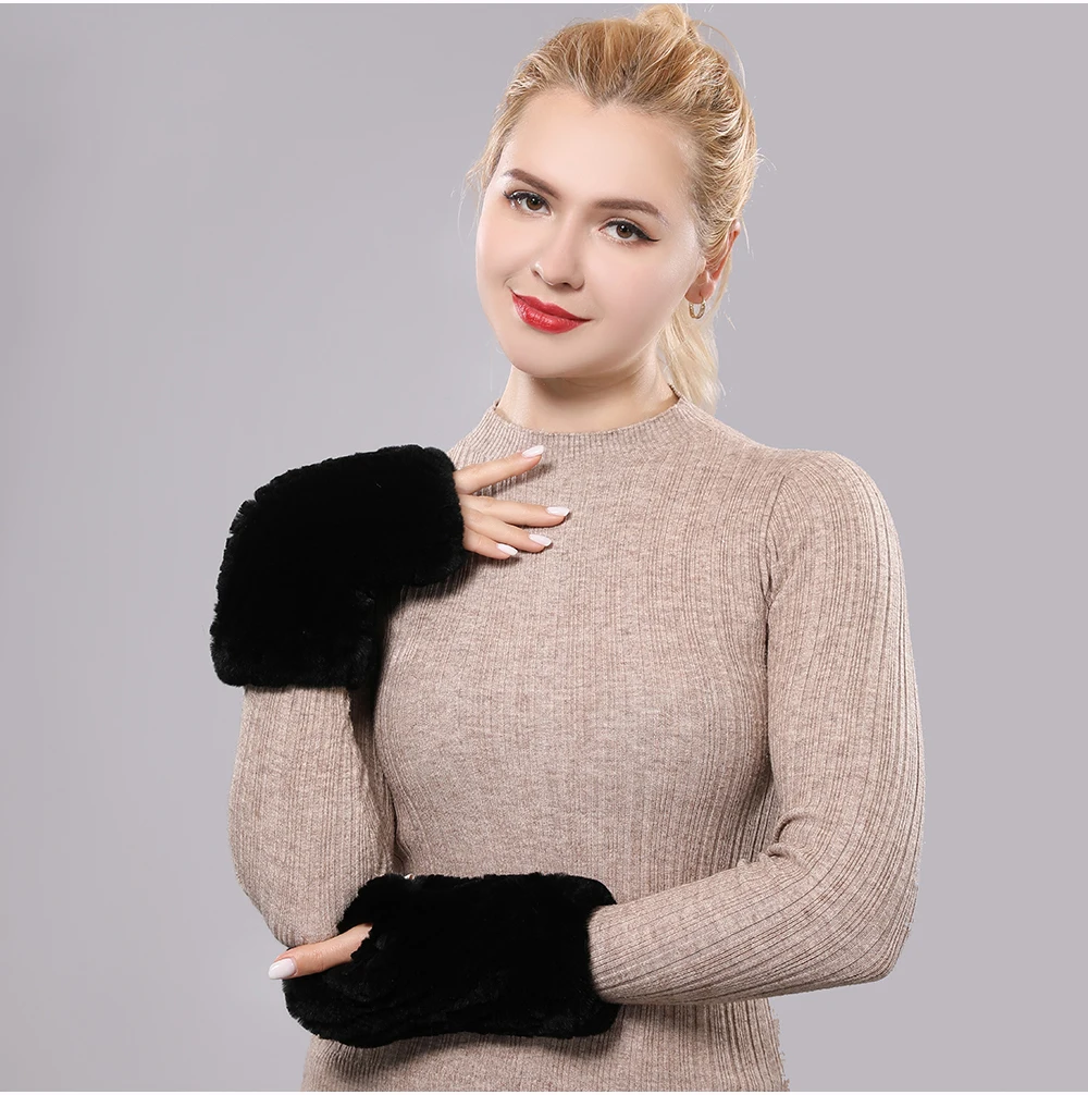 New Women 100% Real Genuine Knitted Rex Rabbit Fur Mittens Winter Warm Lady Real Fur Fingerless Gloves Handmade Knit Fur Mitten