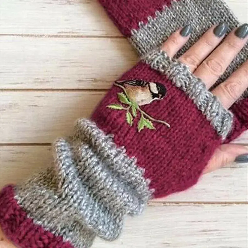 Fashion Women Winter Warm Female Long Gloves Warm Stitching Embroidered Gloves Women Fingerless Gloves Knitted Women's Winter