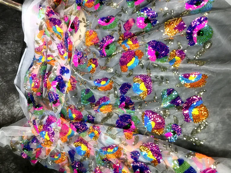 LASUI  2021 NEW brilliant Color transparent sequin cluster flower shiny mesh dress high-end custom dress designer fabric X0750