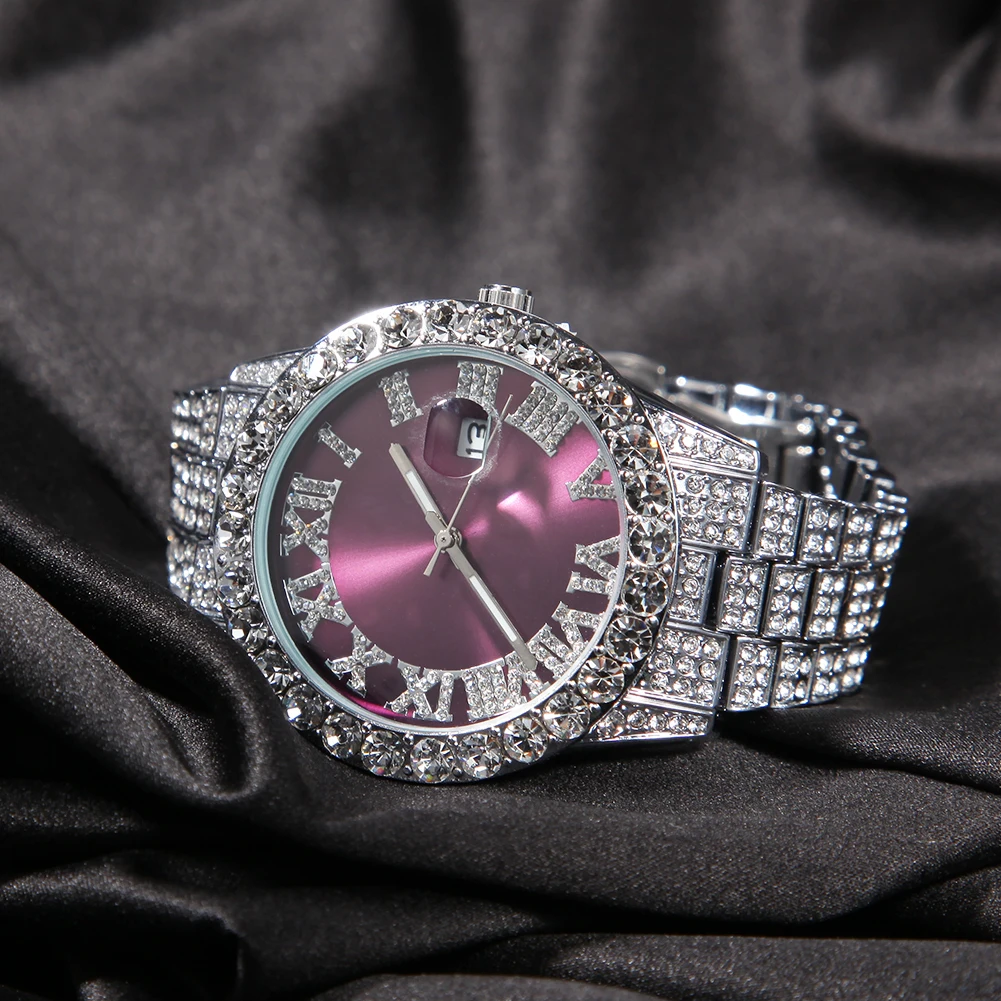 DIE BLING KÖNIG herren Uhr Große Rosa Lila Blau Zifferblatt Iced Out Quarz Uhr Luxus Strass Business Wasserdicht Handgelenk uhren