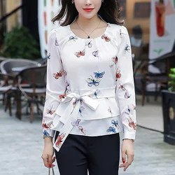 Women's Butterfly Chiffon Blouses, Pleated O Neck, White, Long Sleeve, Peplum Belt, Korean, Elegant Female Office Shirt, C15,