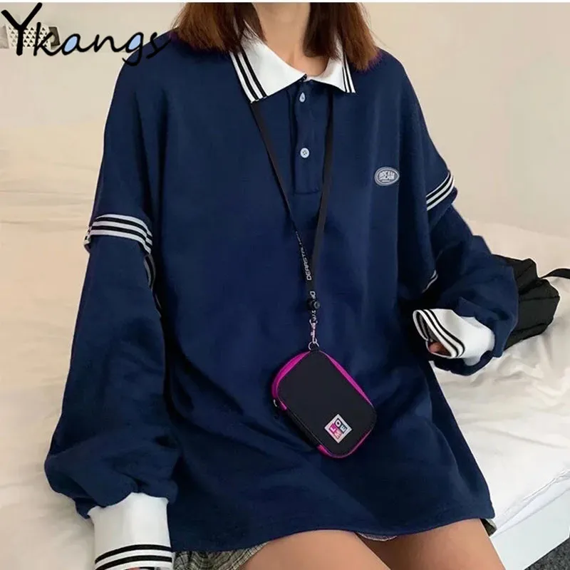 

Polo Collar Fake Two-piece Pullover for Women Y2k Loose Versatile Long-sleeved Ladies Blouse Campus Style Casual Lazy Sports Top