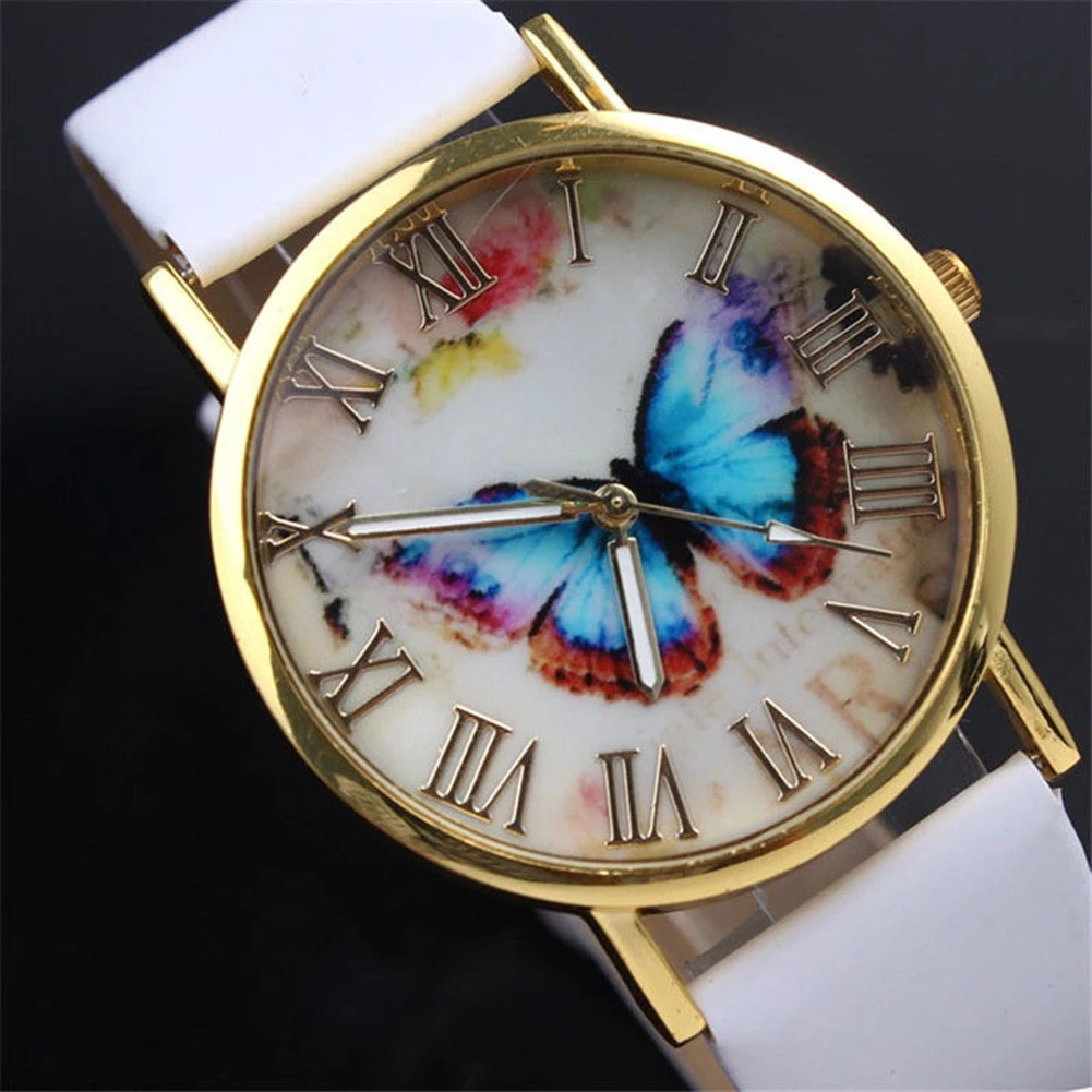 Fashion Women Casual Butterfly Faux Leather Strap Analog Quartz Dress Wrist Watch Ladies Dress Watches Gift Luxury