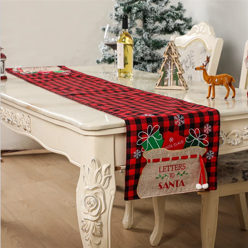 

Christmas Gift Table Runner Merry Christmas Embroidery Table Runner Dining Room Decoration Hotel Restaurant Layout Plaid Tablecl