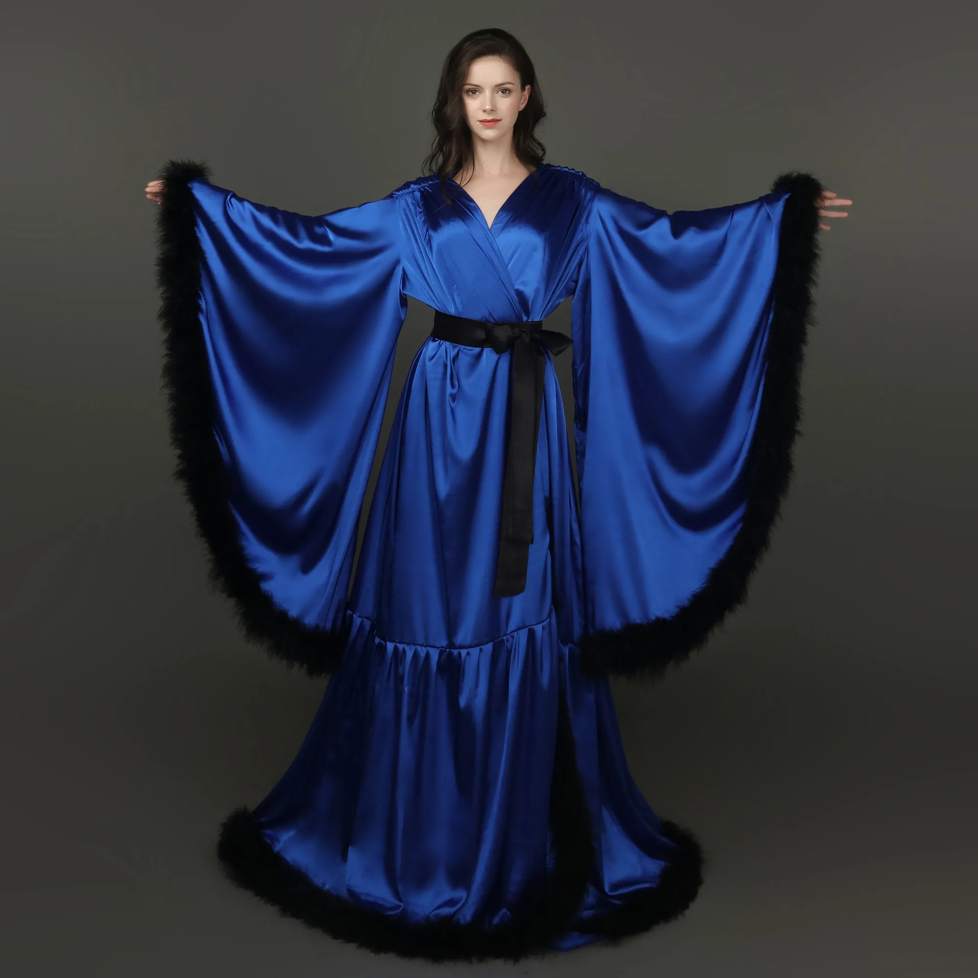 Elegant Baby Shower Pajamas Feather Wedding Shawls Photo Robe With Belt Big Cuffs Night Gown For Women Long Sleeve Custom Made view 3