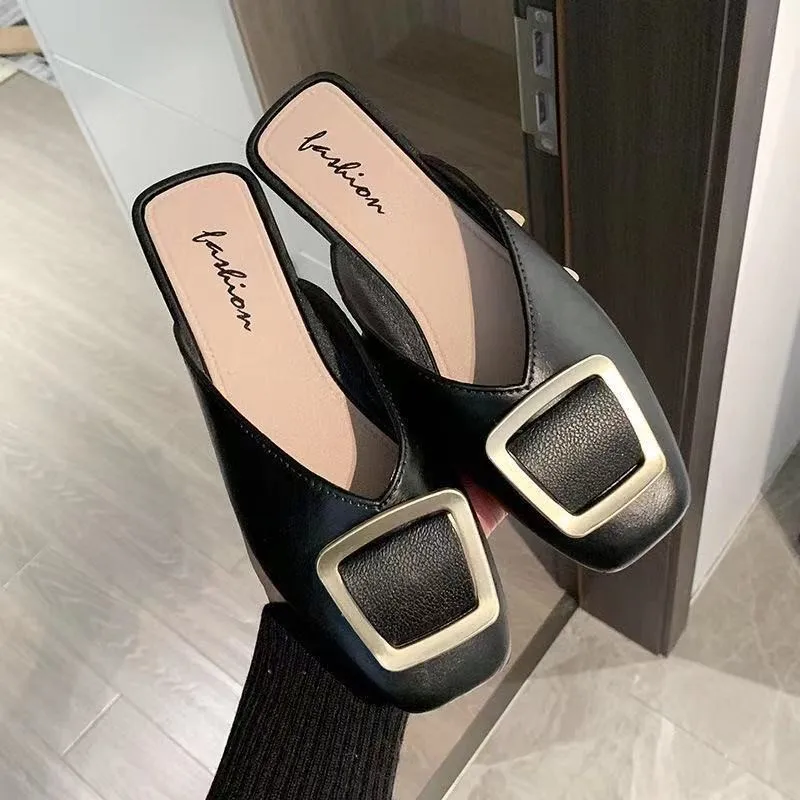 Slippers Women Summer 2021 New Fashion Square Toe Flats Sandals Women\'s Shoes Muller Cool Slipper Flip Flops Slides Outdoor