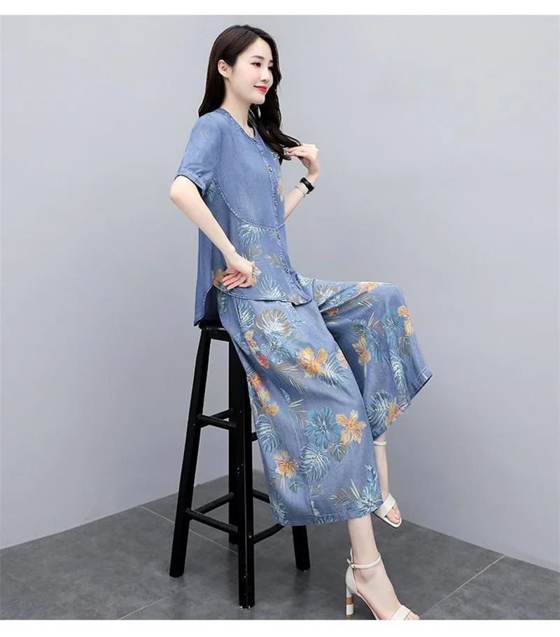 Female Splicing Denim Wide-Leg Pants Suit 2022 Summer New Women Korean Age-Reducing Fashionable Hakama Two-Piece Suit Printing