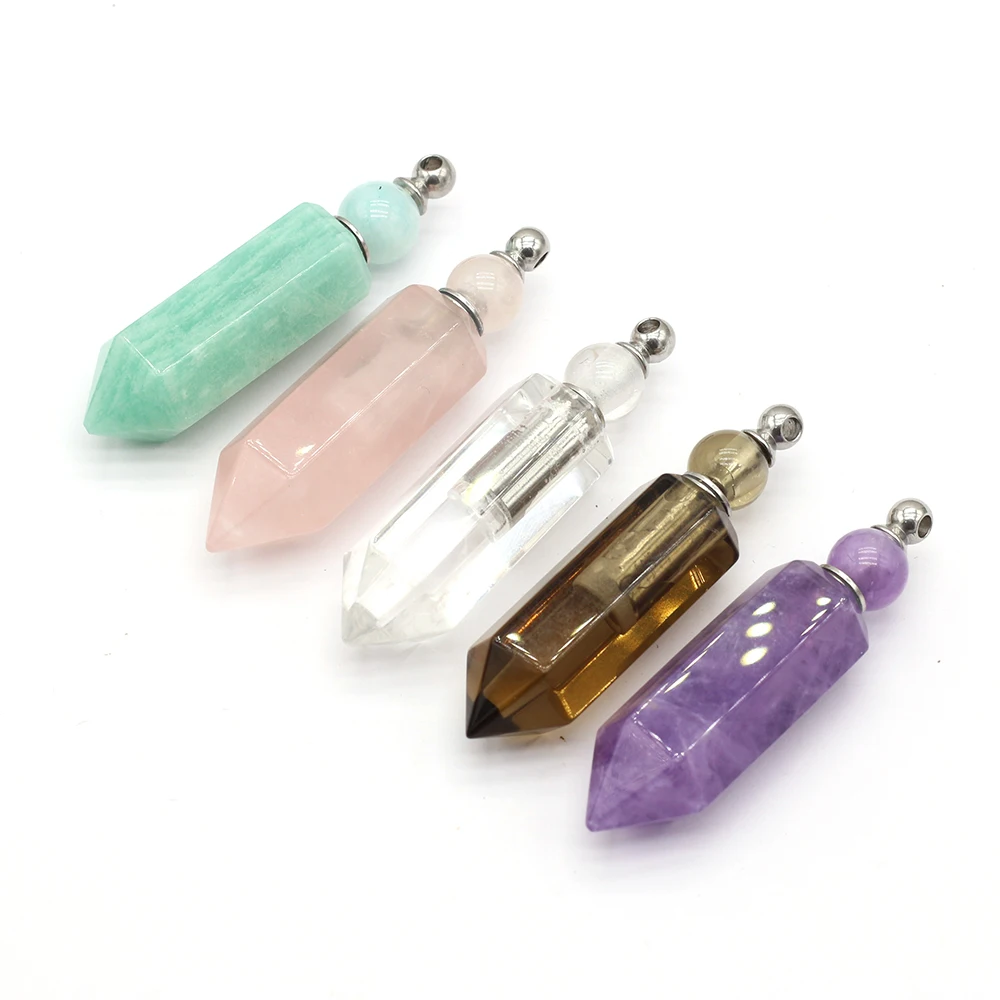 Fashion Perfume Bottle Pendant Natural Stone Crystal Quartz Pendulum Essential Oil Vial for Jewelry Making DIY Charm Necklace