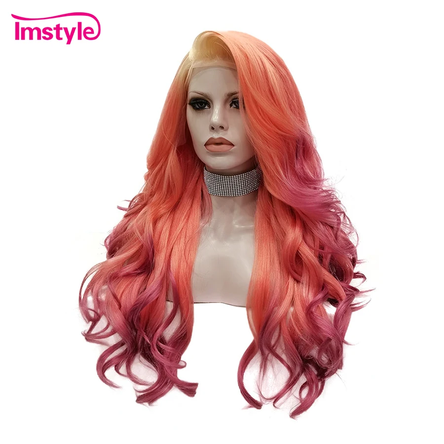 Imstyle Synthetische Lace Front Pruik Ombre Oranje Rode Pruiken Voor Vrouwen Hittebestendige Vezel Lange Golvende Multicolor Pruiken