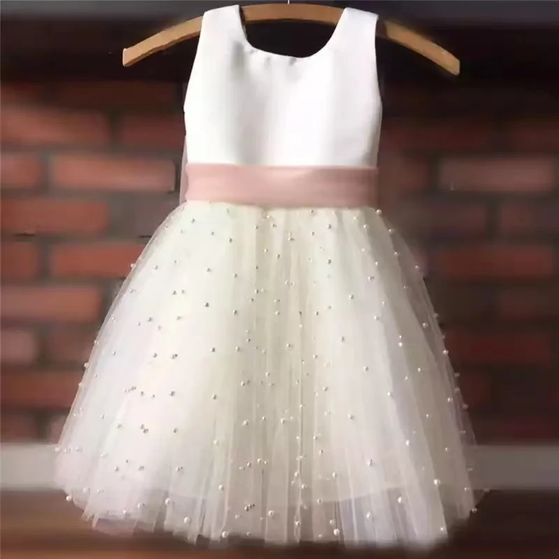 

Kids Pearls Tulle Girl Pageant Dresses Sashes Flower Girl Dress Chiffon Bow Sashes First Communion Dress Little princess Dress