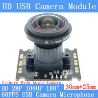 180° Wide-angle 2MP fish eye USB Camera Module 1080P MJPEG 60fps High Speed Linux UVC Webcam Surveillance Microphone