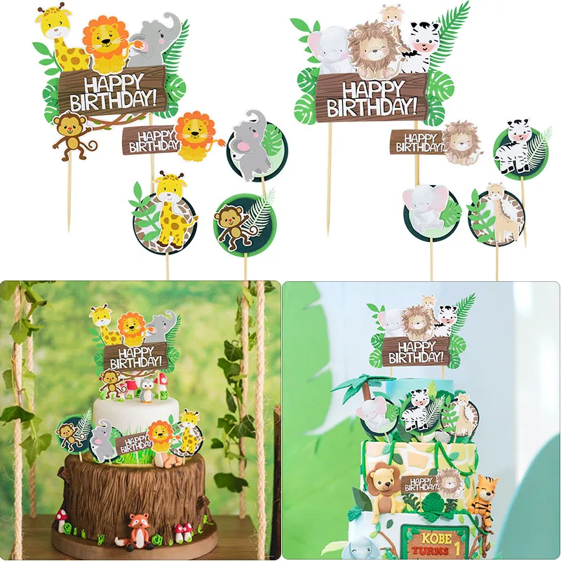 

Happy Birthday Cake Topper Jungle Safari Animals Cake Decor Giraffe Lion Cake Children's Day Happy Birthday Boy Girl Party Decor