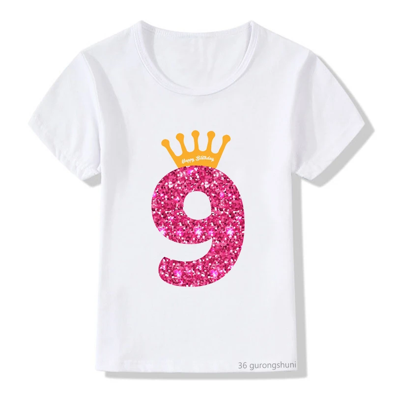 Newly kids t-shirt cute 4-12th queens crow happy birthday girl print  t shirts for girls/boys kids birthday clothes shirt tops