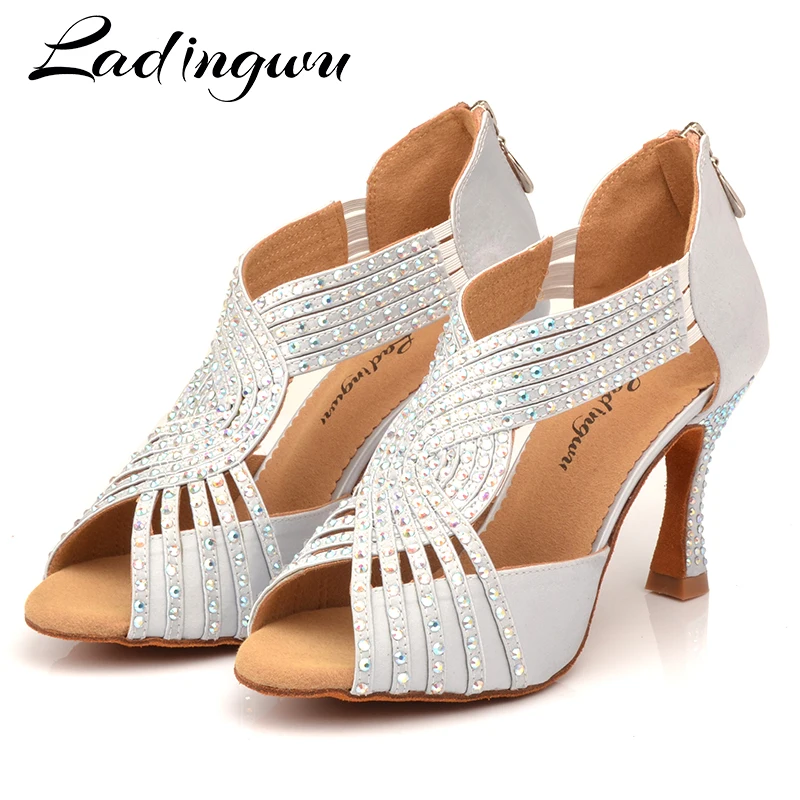 Ladingwu New Latin Dance Shoes Salsa Women Silver grey Satin Collocation shine Rhinestone Dance Shoes Woman Ballroom indoor