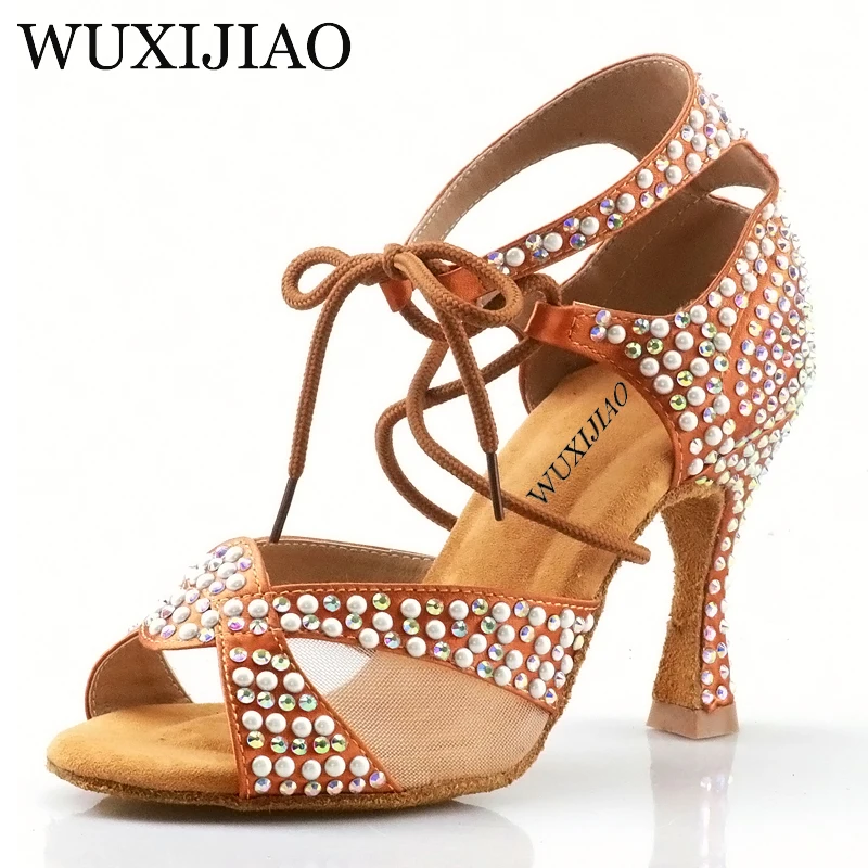 

WUXIJIAO Pearl Rhinestone Latin Dance Shoes Women Ballroom Professional Dancing Shoes Soft Soles Party/Weeding Shoes High Heels