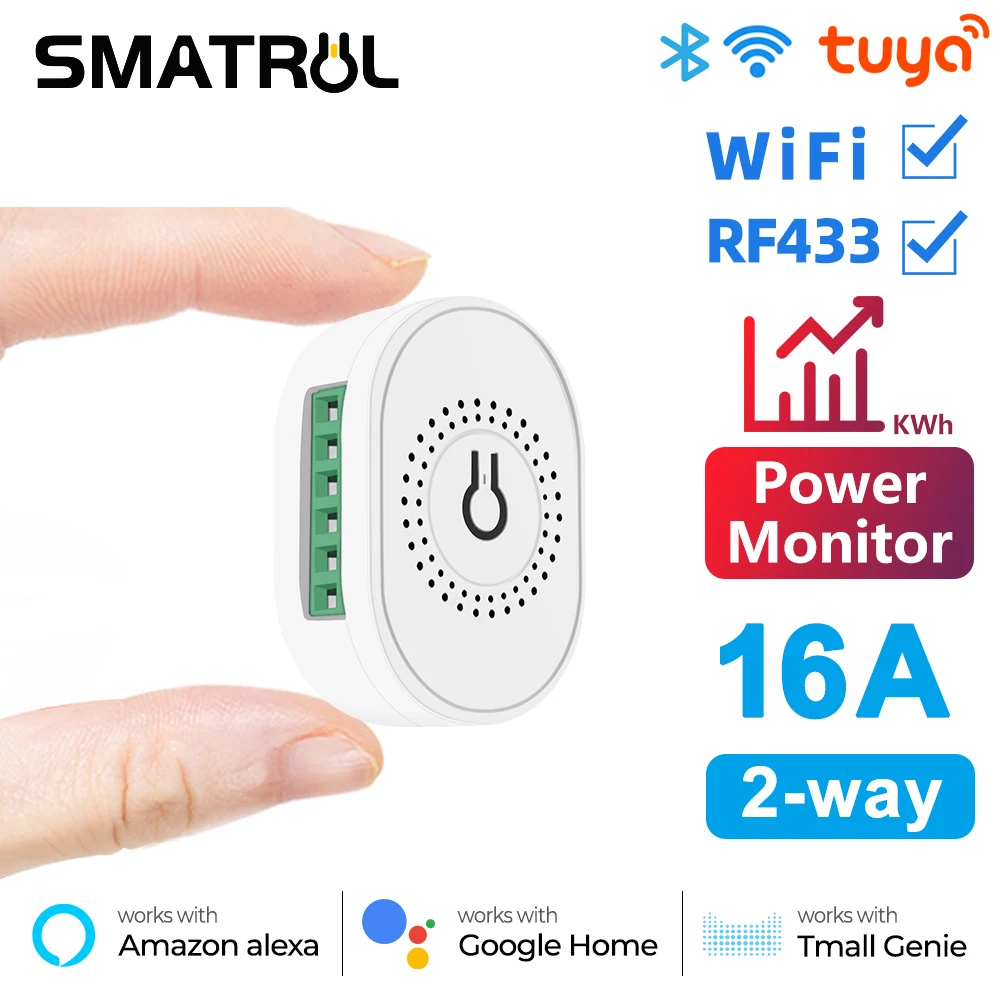 SMATRUL Power Monitor 16A Tuya WiFi RF433 Smart Wireless Switch Light 2 Way Module On Off Timer Breaker For Google Home Alexa