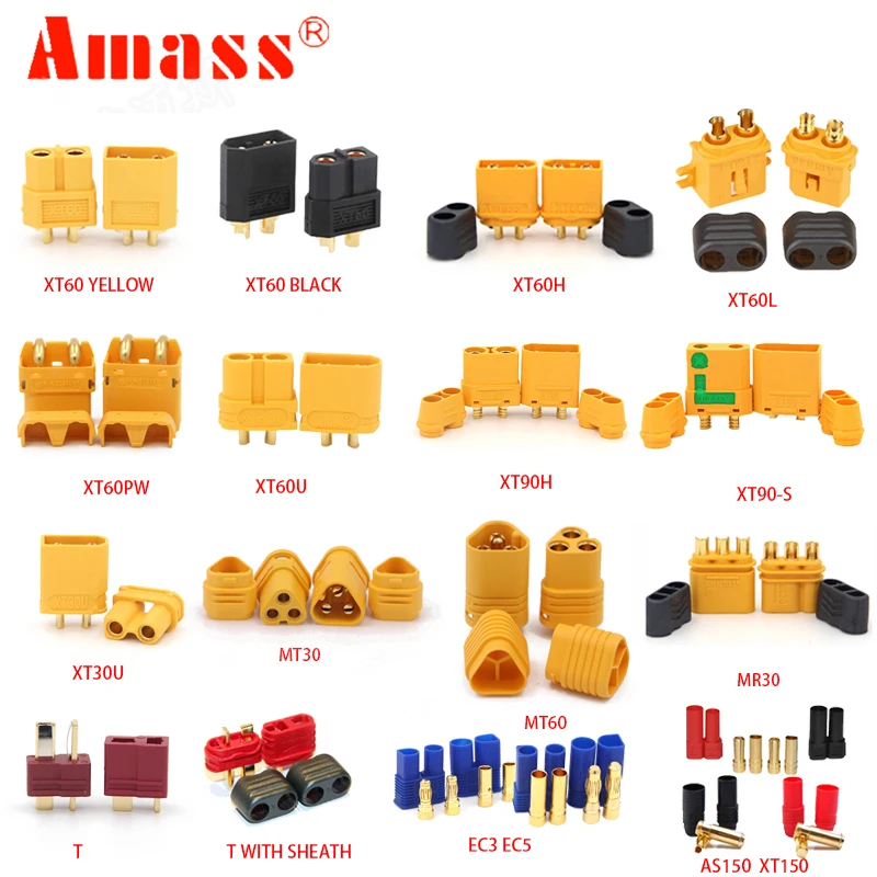 AMASS 10pcs XT60 XT-60 XT 60 XT90 XT60H XT60L XT60U XT60PW XT30U XT90S T DEAN EC3 EC5 AS150 XT150 XT30PW XT90PW For Lipo Battery